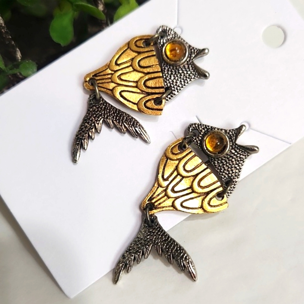 Gold and Silver Fish Drop Earrings - Brand: